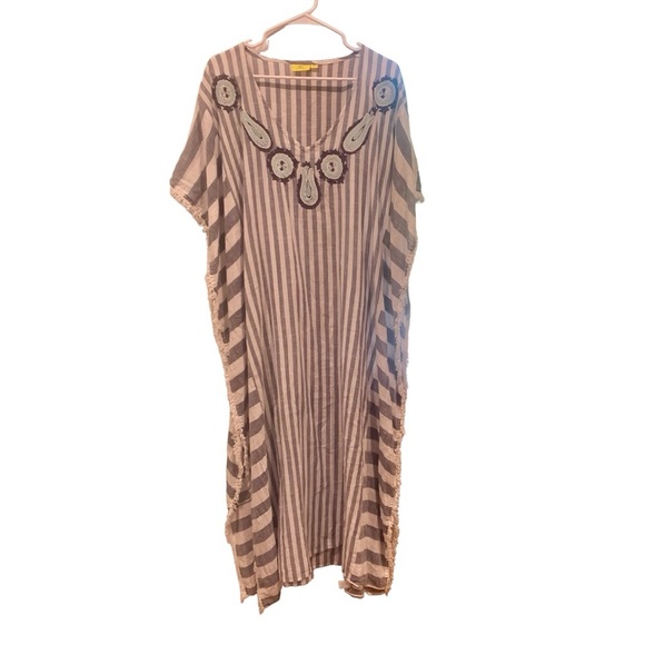Roller Rabbit women’s long caftan, size XS/S, blue stripes with embroidery - Picture 1 of 7